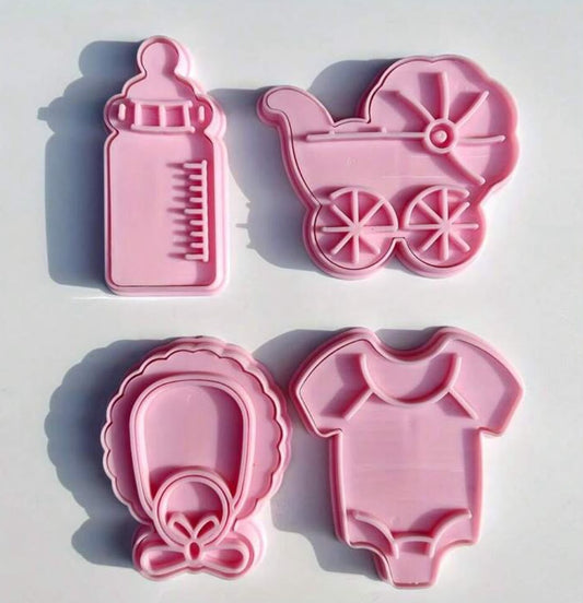 4 Pcs Baby Shower Cookie Plunger Cutter Set - Pram, Bottle, Bib and Romper Press Cutters for Biscuits, Fondant and Clay