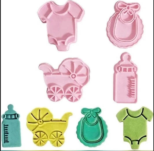 4 Pcs Baby Shower Cookie Plunger Cutter Set - Pram, Bottle, Bib and Romper Press Cutters for Biscuits, Fondant and Clay