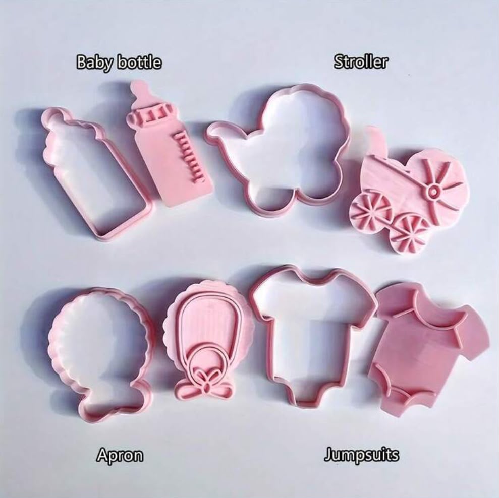4 Pcs Baby Shower Cookie Plunger Cutter Set - Pram, Bottle, Bib and Romper Press Cutters for Biscuits, Fondant and Clay
