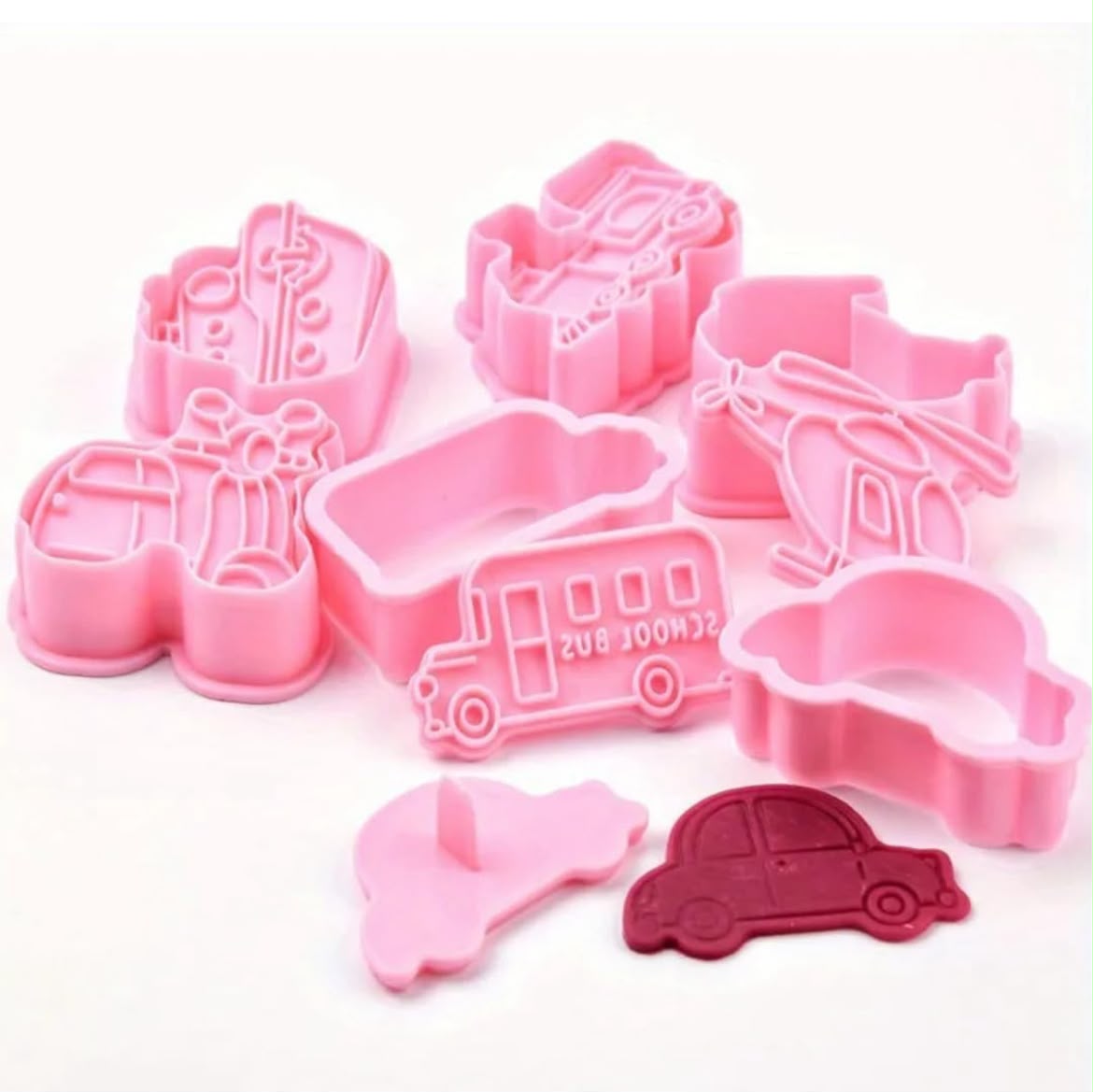 Transport Cookie Cutter and Embosser Set - School Bus, Train, Ship, Car, Scooter and Helicopter Press Cutters for Biscuits and Fondant