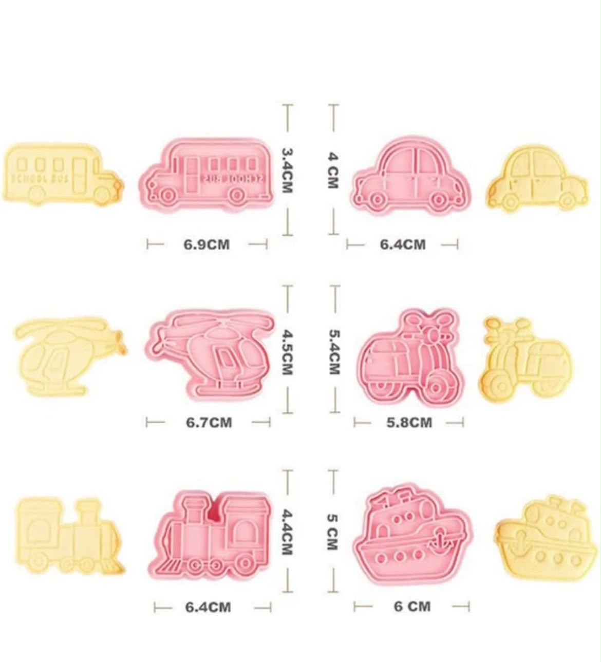 Transport Cookie Cutter and Embosser Set - School Bus, Train, Ship, Car, Scooter and Helicopter Press Cutters for Biscuits and Fondant
