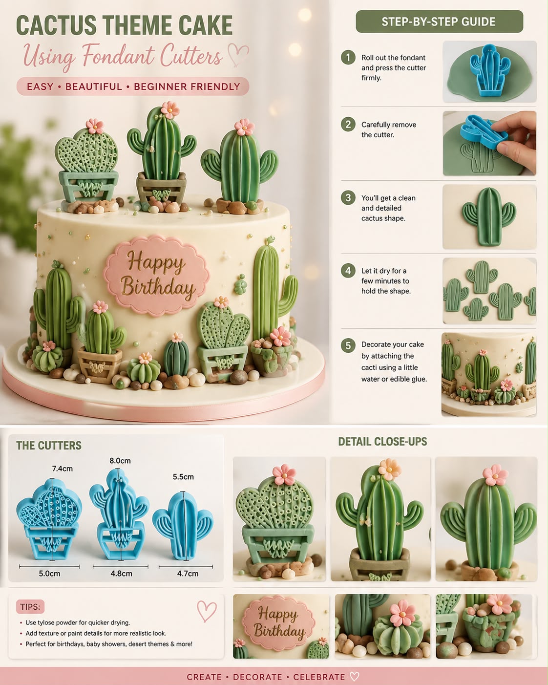 3 Pcs Cactus Fondant Cutter and Embosser Set - Ribbed Column, Prickly Pear and Barrel Cactus for Desert Theme Cakes and Cookies