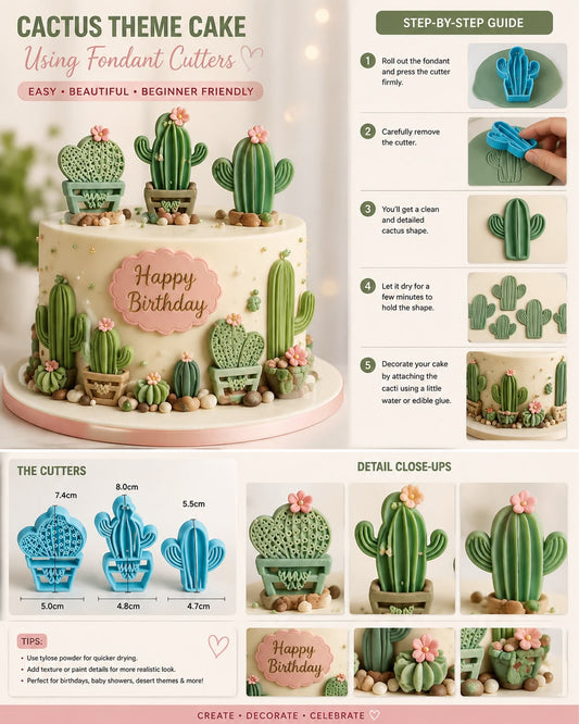 3 Pcs Cactus Fondant Cutter and Embosser Set - Ribbed Column, Prickly Pear and Barrel Cactus for Desert Theme Cakes and Cookies