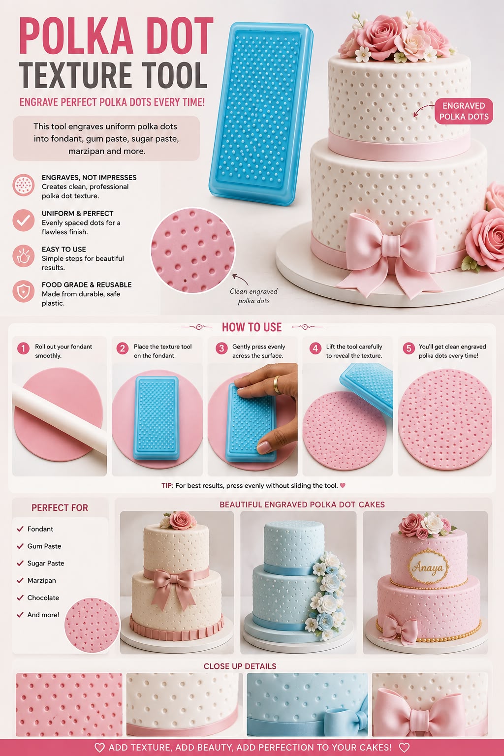 Polka Dot Texture Tool - Engraving Plate for Recessed Dots in Fondant, Gum Paste and Marzipan Cake Decorating