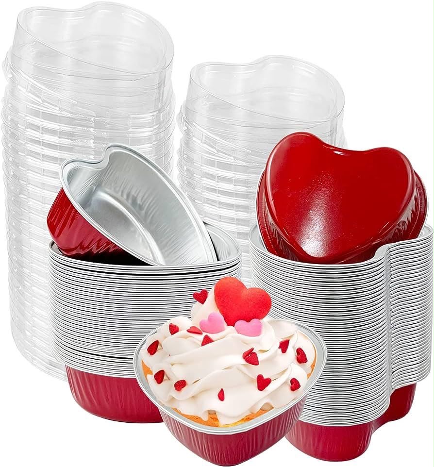 Heart Shape Bake and Serve Foil Container with Clear Lid - 5 x 5 x 2 inch, 250 ml, for Lava Cakes, Brownies and Desserts