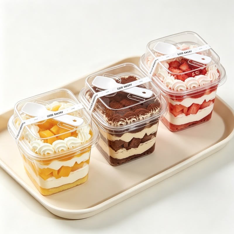 Clear PVC Square Dessert Cup with Lid - 200 ml Transparent Tub for Tiramisu, Tres Leches and Layered Desserts