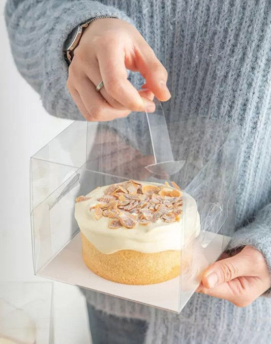 Transparent Bento Cake Box 14 x 14 cm - Side Opening Clear Box with White Base and Pull-Up Handle for Mini Cakes, Desserts and Hampers