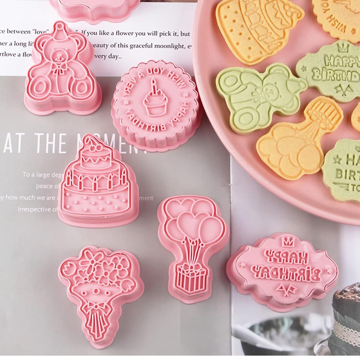 8 Pcs Happy Birthday Fondant Stamp and Cutter Set - Message Plaques with Cake, Teddy, Balloons and Bouquet for Cookies and Fondant