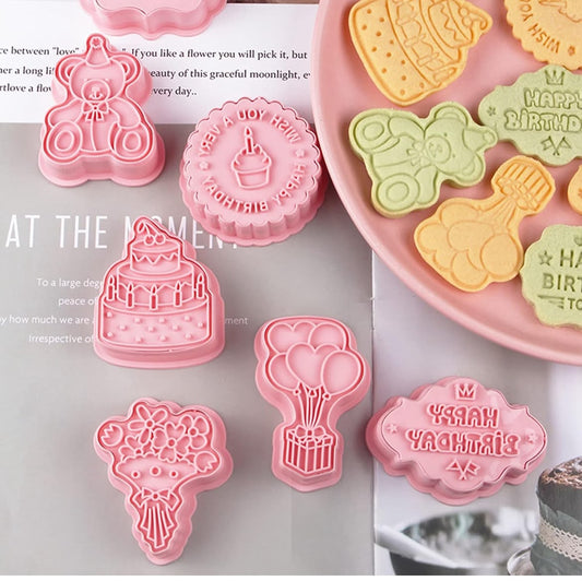 8 Pcs Happy Birthday Fondant Stamp and Cutter Set - Message Plaques with Cake, Teddy, Balloons and Bouquet for Cookies and Fondant