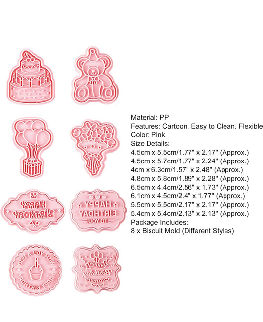 8 Pcs Happy Birthday Fondant Stamp and Cutter Set - Message Plaques with Cake, Teddy, Balloons and Bouquet for Cookies and Fondant