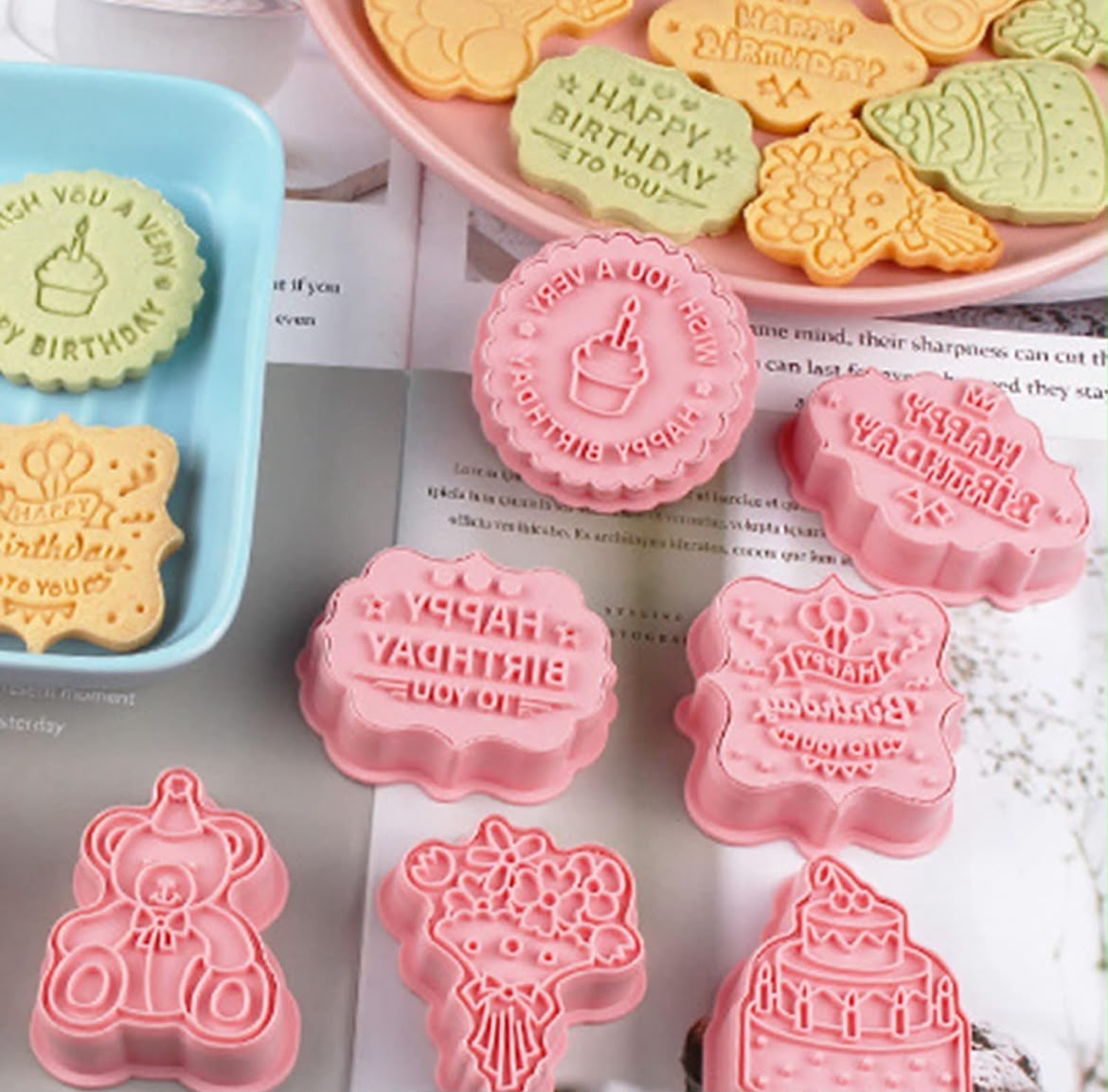 8 Pcs Happy Birthday Fondant Stamp and Cutter Set - Message Plaques with Cake, Teddy, Balloons and Bouquet for Cookies and Fondant