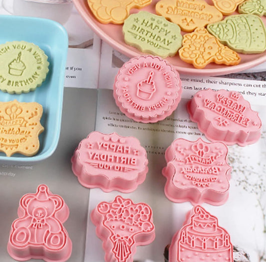 8 Pcs Happy Birthday Fondant Stamp and Cutter Set - Message Plaques with Cake, Teddy, Balloons and Bouquet for Cookies and Fondant