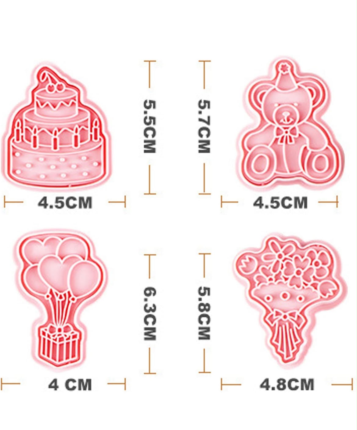 8 Pcs Happy Birthday Fondant Stamp and Cutter Set - Message Plaques with Cake, Teddy, Balloons and Bouquet for Cookies and Fondant