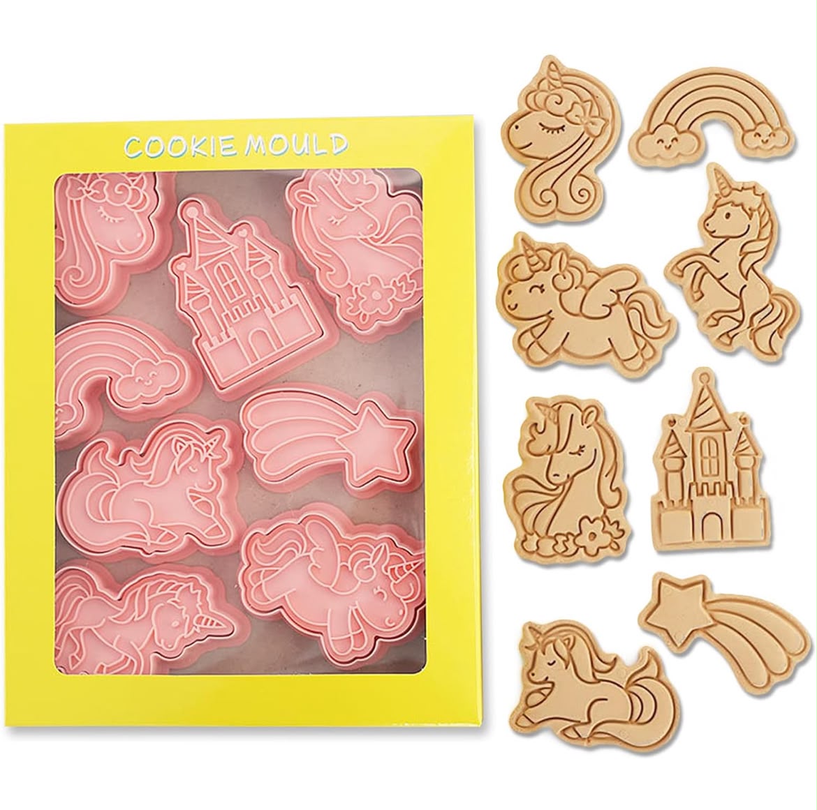8 Pcs Unicorn and Rainbow Cookie Cutter and Stamp Set - Two-Part Press Cutters for Biscuits, Fondant and Clay Craft
