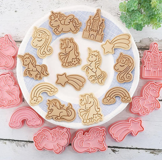 8 Pcs Unicorn and Rainbow Cookie Cutter and Stamp Set - Two-Part Press Cutters for Biscuits, Fondant and Clay Craft
