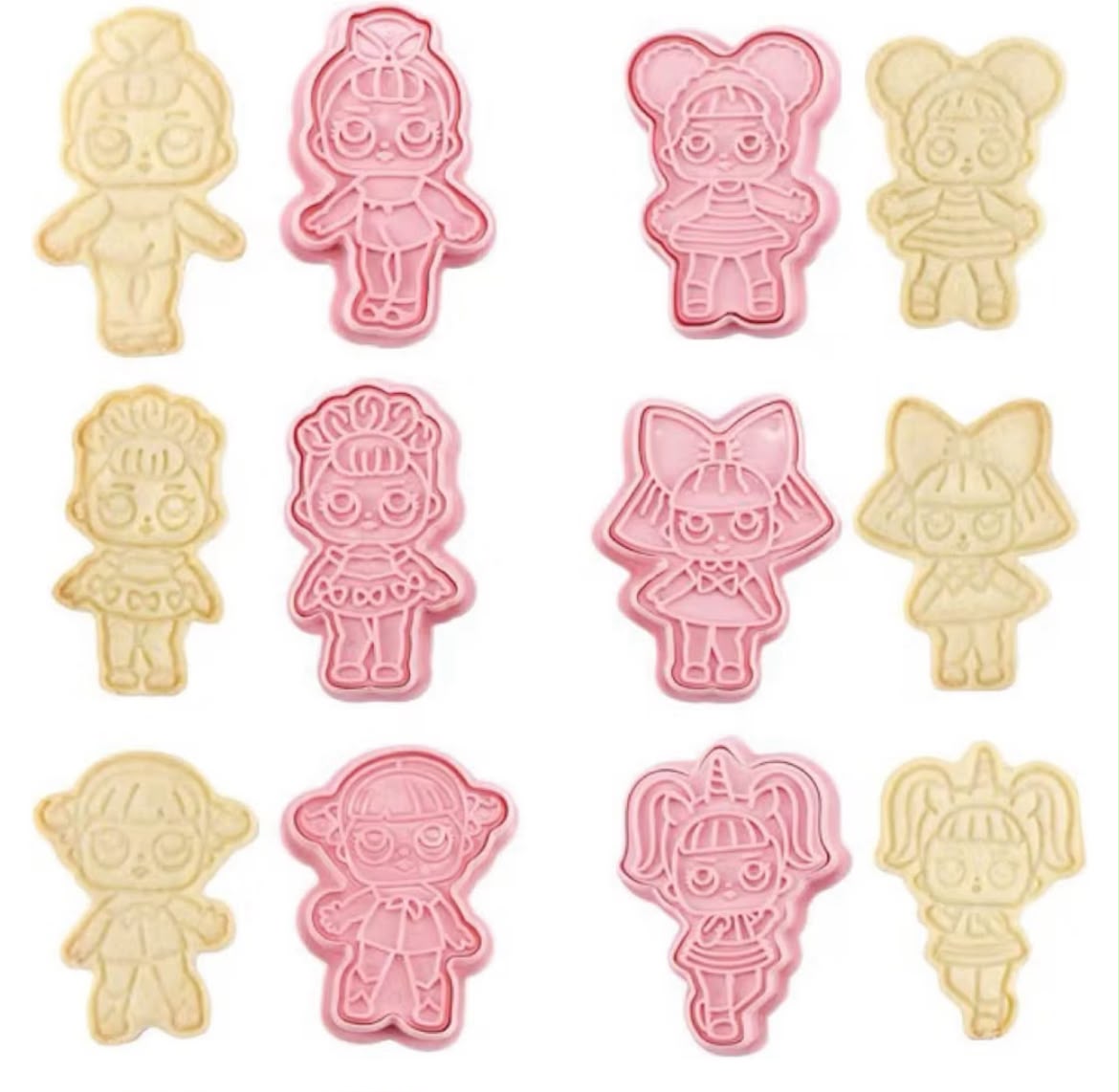 LOL Doll Shape Cookie Cutters Set - 6 Pcs Plastic Cookie & Fondant Stamps