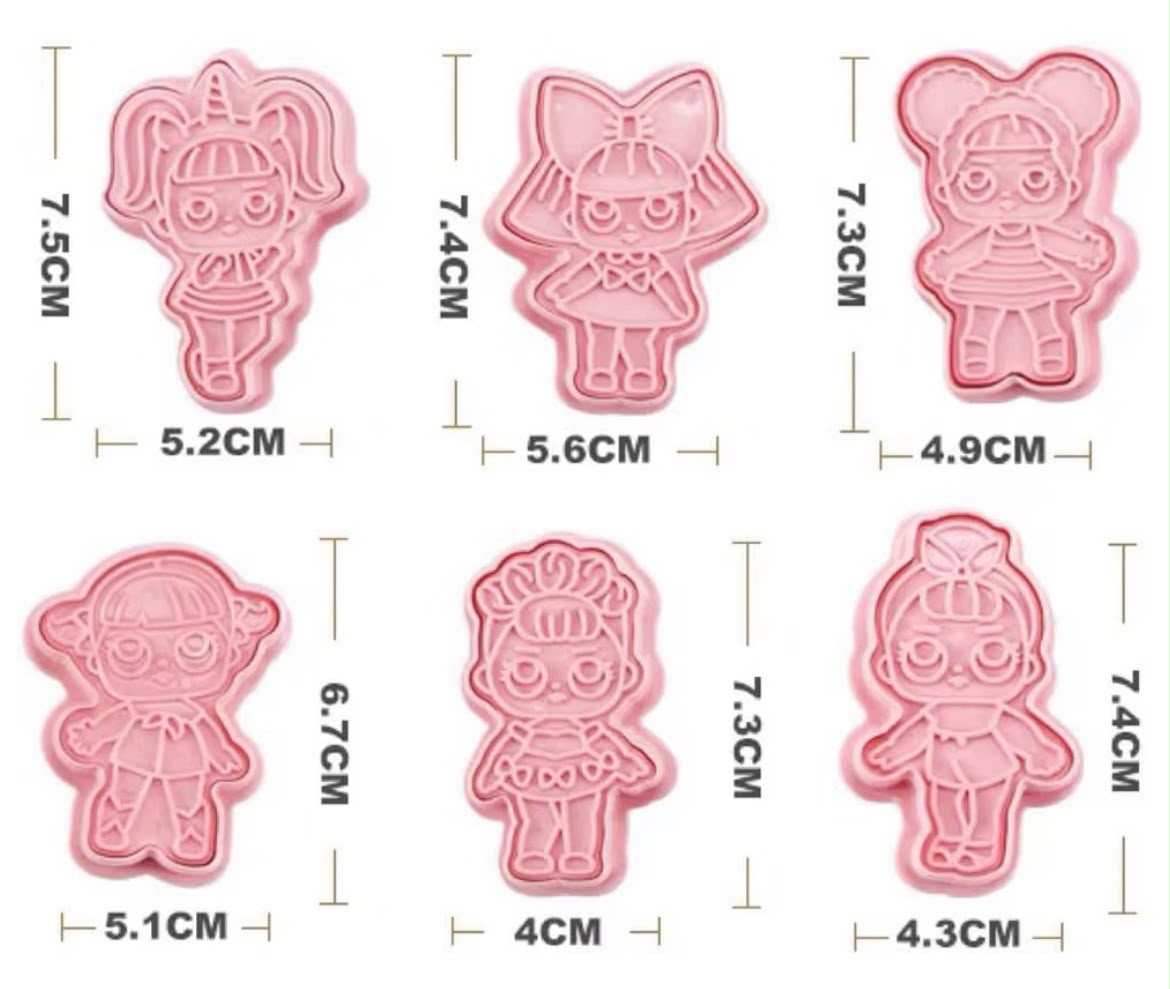 LOL Doll Shape Cookie Cutters Set - 6 Pcs Plastic Cookie & Fondant Stamps
