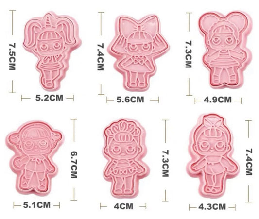 LOL Doll Shape Cookie Cutters Set - 6 Pcs Plastic Cookie & Fondant Stamps