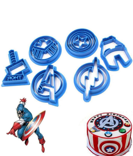 6 Avengers-Themed Fondant and Cookie Cutters – A Logo, Iron Man Mask & Captain America Shield
