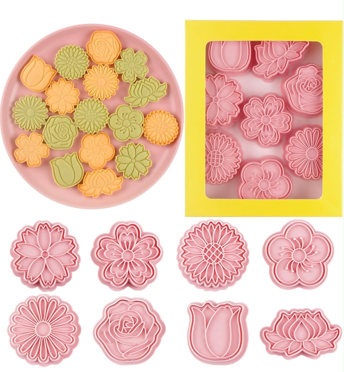 8 Pcs Flower Cookie Cutter and Embosser Set - Blossom, Daisy, Sunflower, Rose, Tulip and Lotus Press Cutters for Biscuits, Fondant and Clay