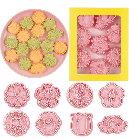 8 Pcs Flower Cookie Cutter and Embosser Set - Blossom, Daisy, Sunflower, Rose, Tulip and Lotus Press Cutters for Biscuits, Fondant and Clay