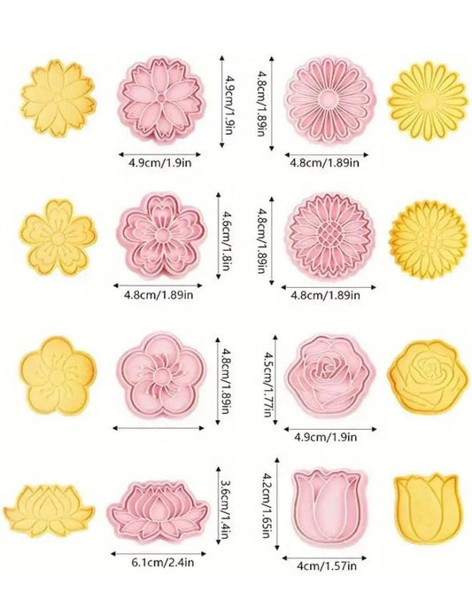 8 Pcs Flower Cookie Cutter and Embosser Set - Blossom, Daisy, Sunflower, Rose, Tulip and Lotus Press Cutters for Biscuits, Fondant and Clay