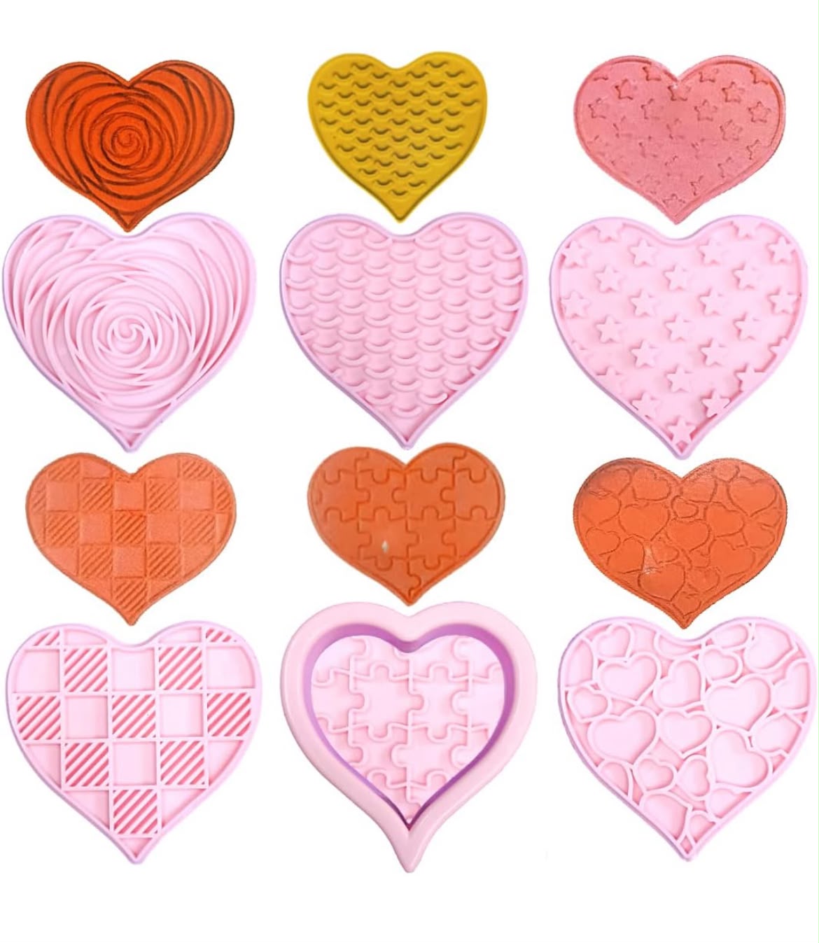 6 Pcs Valentine Heart Cookie Cutter and Embosser Set - One Heart Cutter with Five Pattern Stamps for Biscuits, Fondant and Clay