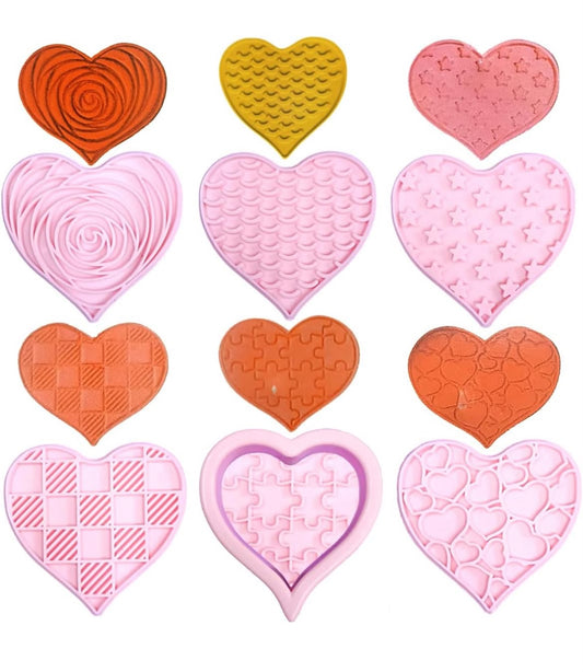 6 Pcs Valentine Heart Cookie Cutter and Embosser Set - One Heart Cutter with Five Pattern Stamps for Biscuits, Fondant and Clay