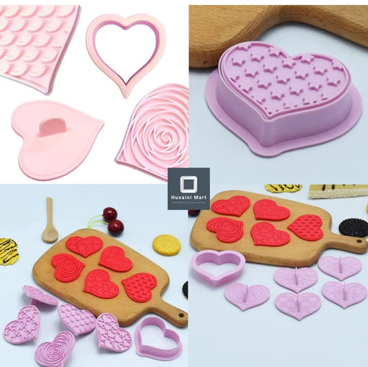 6 Pcs Valentine Heart Cookie Cutter and Embosser Set - One Heart Cutter with Five Pattern Stamps for Biscuits, Fondant and Clay