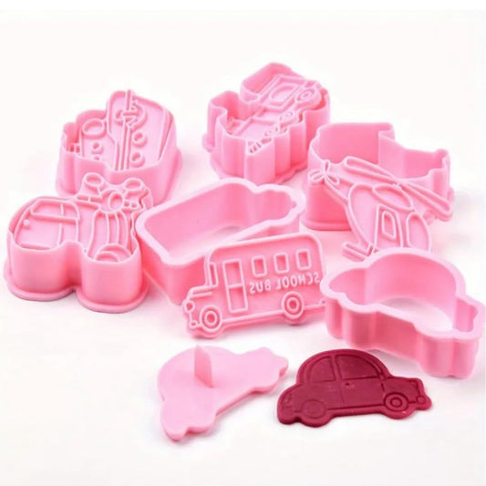 8 Pcs Transport and Vehicle Cookie Cutter and Stamp Set - Car, Digger, Helicopter and Rocket Press Cutters for Biscuits, Fondant and Clay
