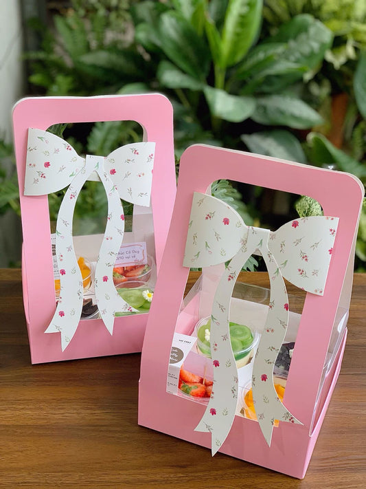 Imported Hamper Box with Floral Bow - 7x7x5 Inch, 4 Cavity, PVC Window