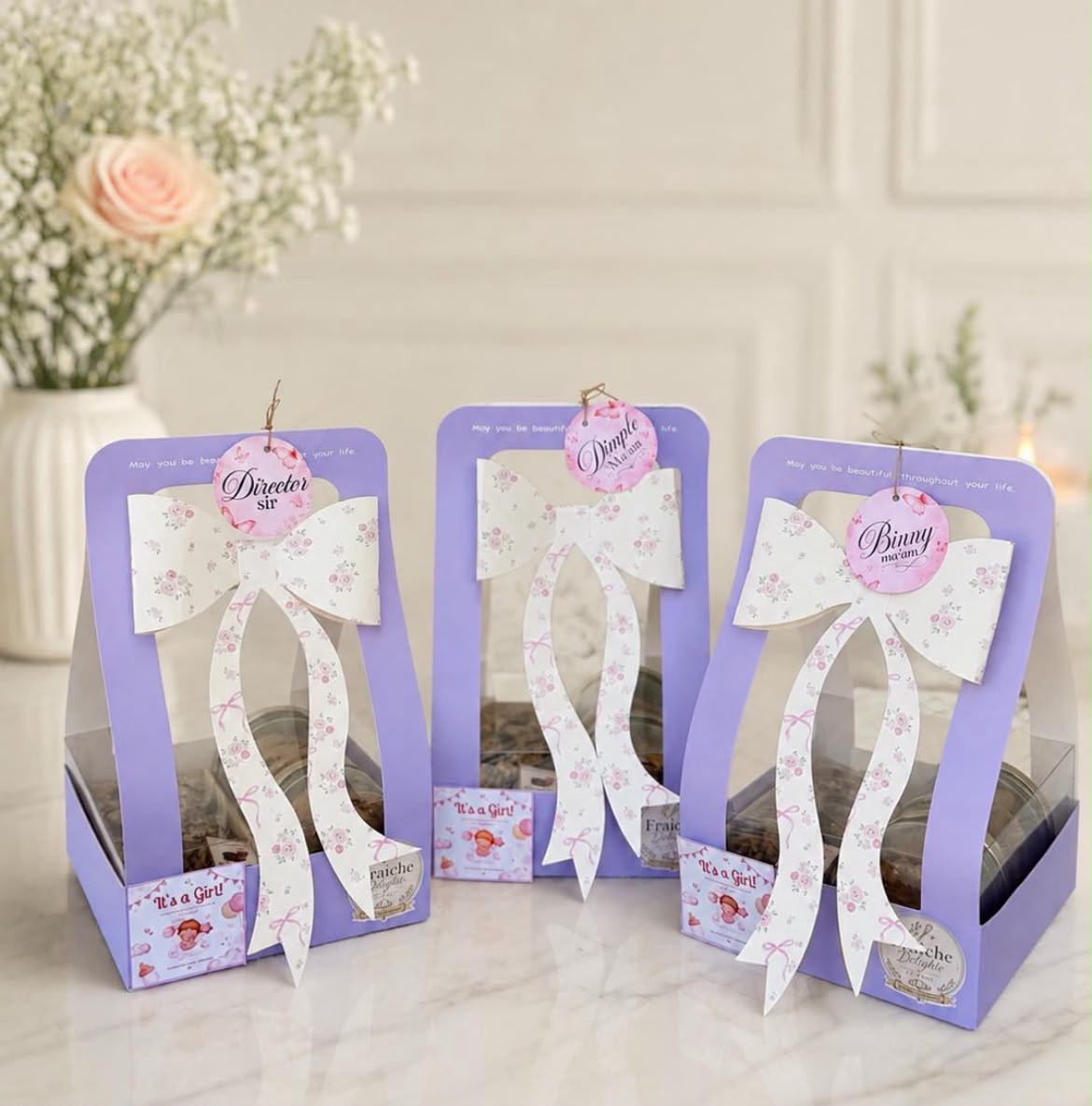 Imported Hamper Box with Floral Bow - 7x7x5 Inch, 4 Cavity, PVC Window