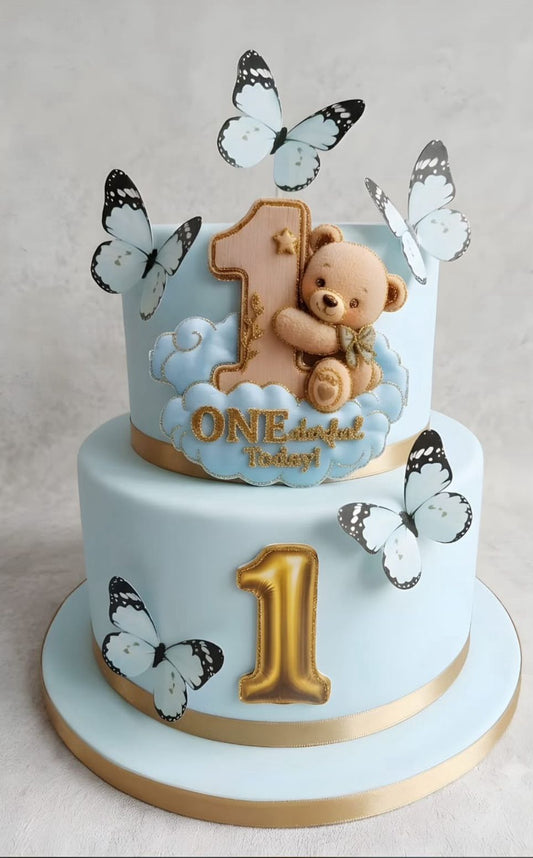 First Birthday Teddy Bear Cake Topper Set - ONEderful Today with Number 1 Balloon Pick and Butterflies