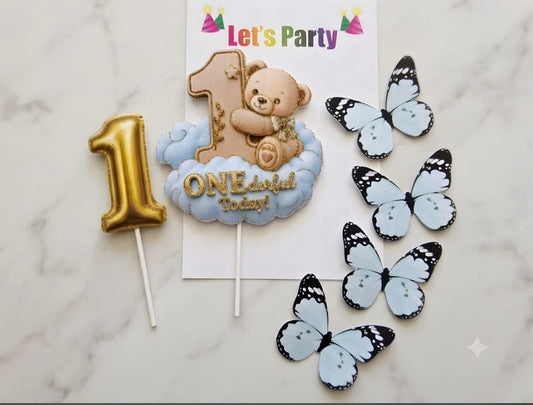 First Birthday Teddy Bear Cake Topper Set - ONEderful Today with Number 1 Balloon Pick and Butterflies