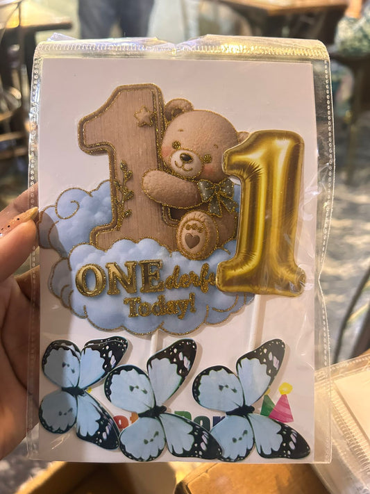 First Birthday Teddy Bear Cake Topper Set - ONEderful Today with Number 1 Balloon Pick and Butterflies