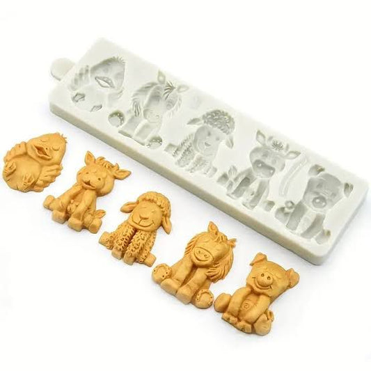 Farm Animal Silicone Mould - 5 Cavity Chick, Pony, Sheep, Cow and Pig Fondant Mould
