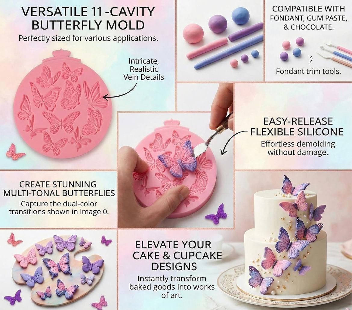 Butterfly Silicone Mould - 11 Cavity Fondant Mould with Realistic Wing Vein Detail