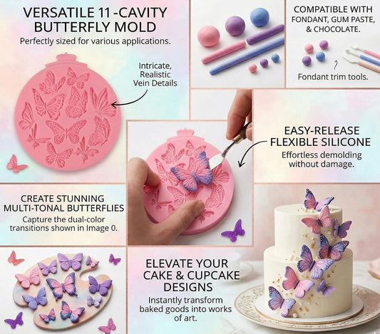 Butterfly Silicone Mould - 11 Cavity Fondant Mould with Realistic Wing Vein Detail