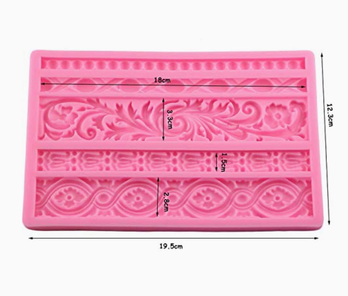 Baroque Scroll Cake Border Silicone Mould - 5 Strip Fondant Lace Border Mould