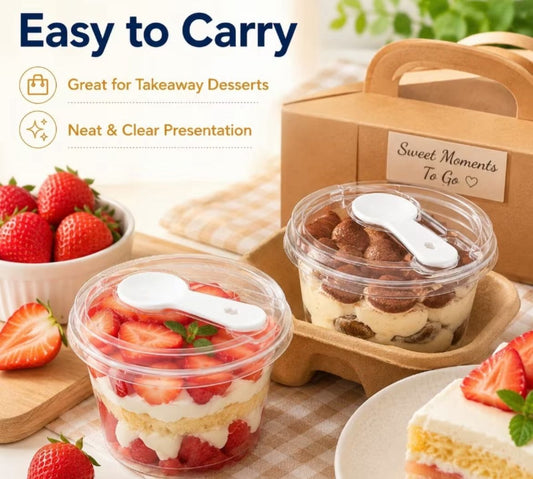 PVC Round Dessert Cup with Spoon and Lid - 150 ml Transparent Dessert Container