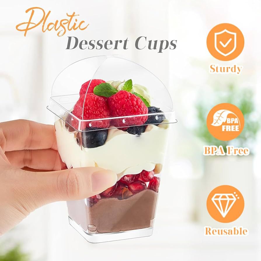 Acrylic Dessert Cup with PVC Dome Lid - 200 ml Clear Square Dessert Container