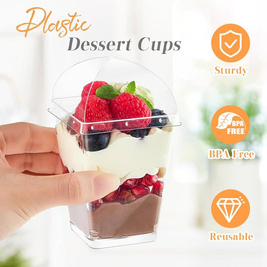 Acrylic Dessert Cup with PVC Dome Lid - 200 ml Clear Square Dessert Container
