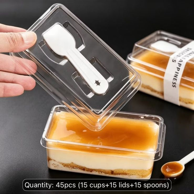 PVC Rectangular Dessert Container with Spoon and Lid - 250 ml Transparent Box