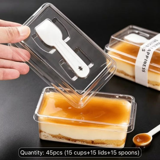 PVC Rectangular Dessert Container with Spoon and Lid - 250 ml Transparent Box