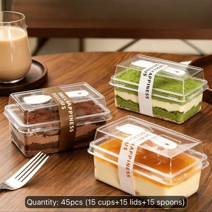 PVC Rectangular Dessert Container with Spoon and Lid - 250 ml Transparent Box