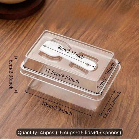 PVC Rectangular Dessert Container with Spoon and Lid - 250 ml Transparent Box