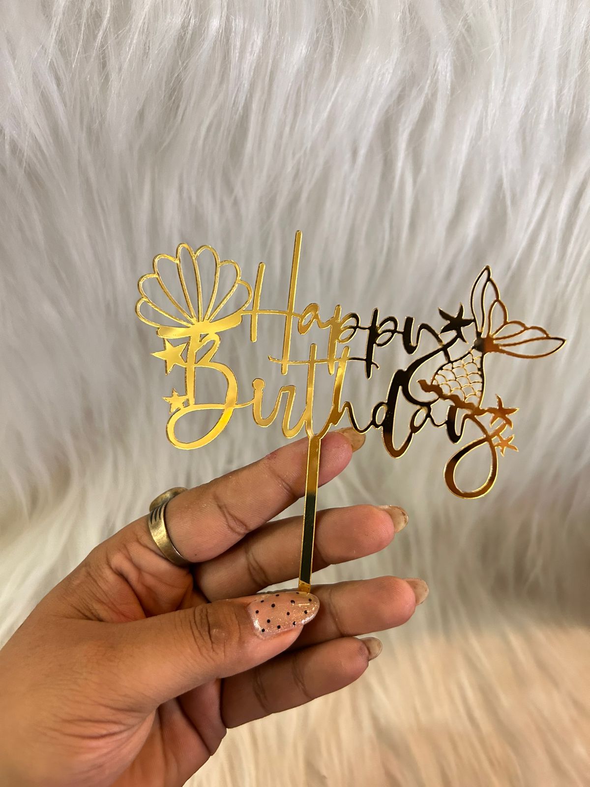 Sea Theme Happy Birthday Cake Topper - Gold Acrylic