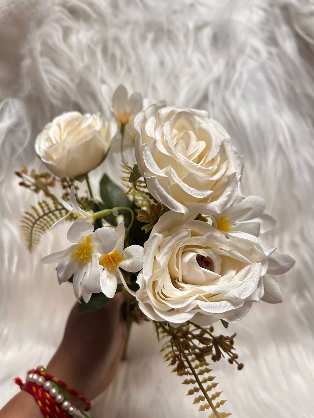Rose and Daisy Fabric Flower Bunch - 4 Large Roses with 12 Small Flowers and Fillers