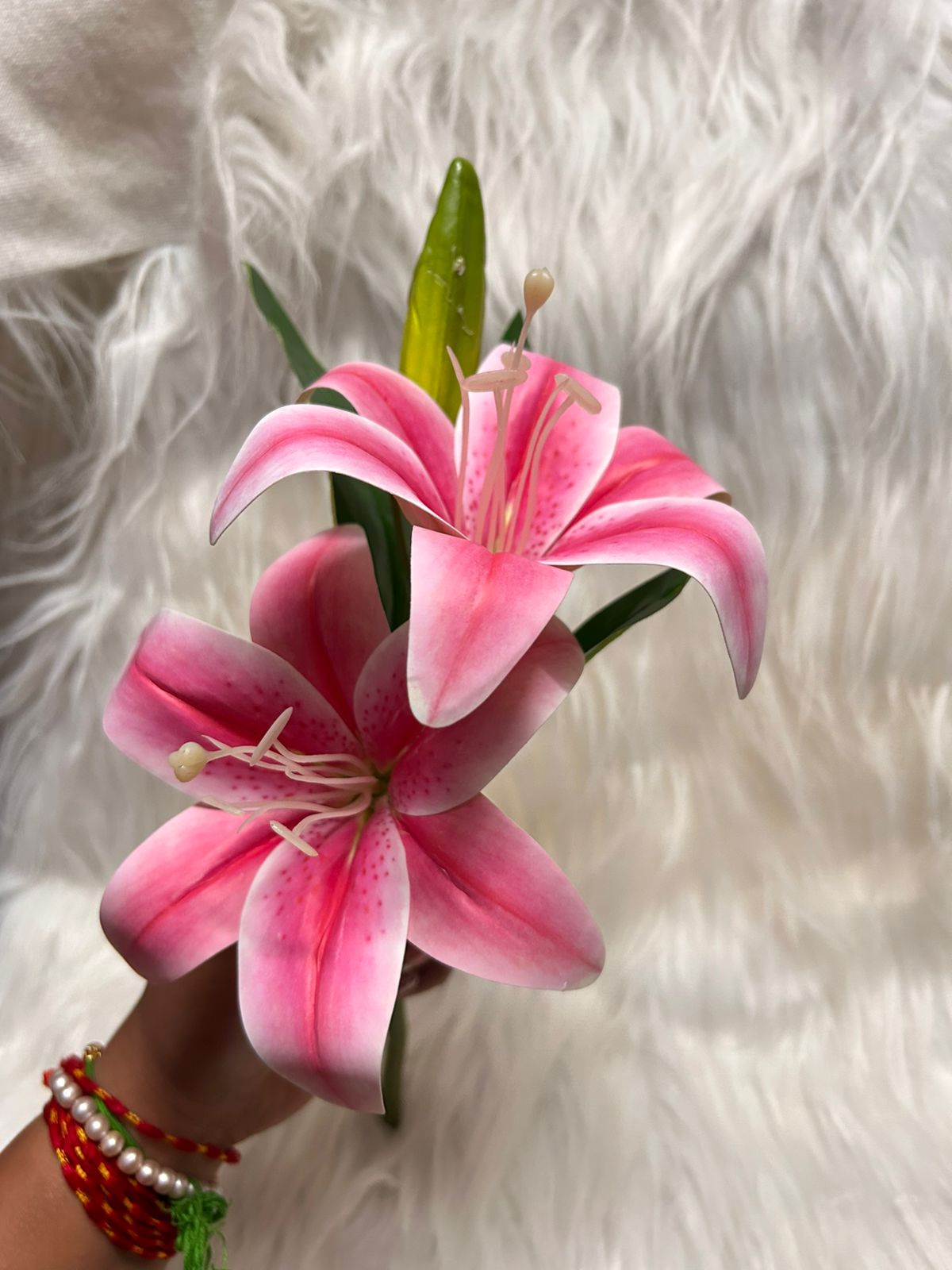 Real Touch Lily Flower Bunch with Bud Pod - 2 Lilies with Leaves on One Stem