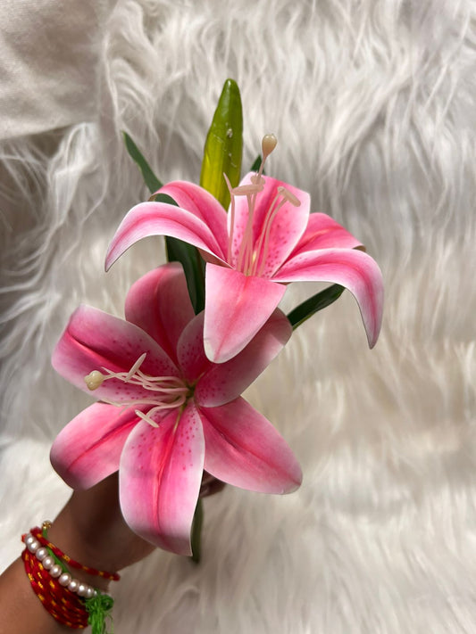 Real Touch Lily Flower Bunch with Bud Pod - 2 Lilies with Leaves on One Stem